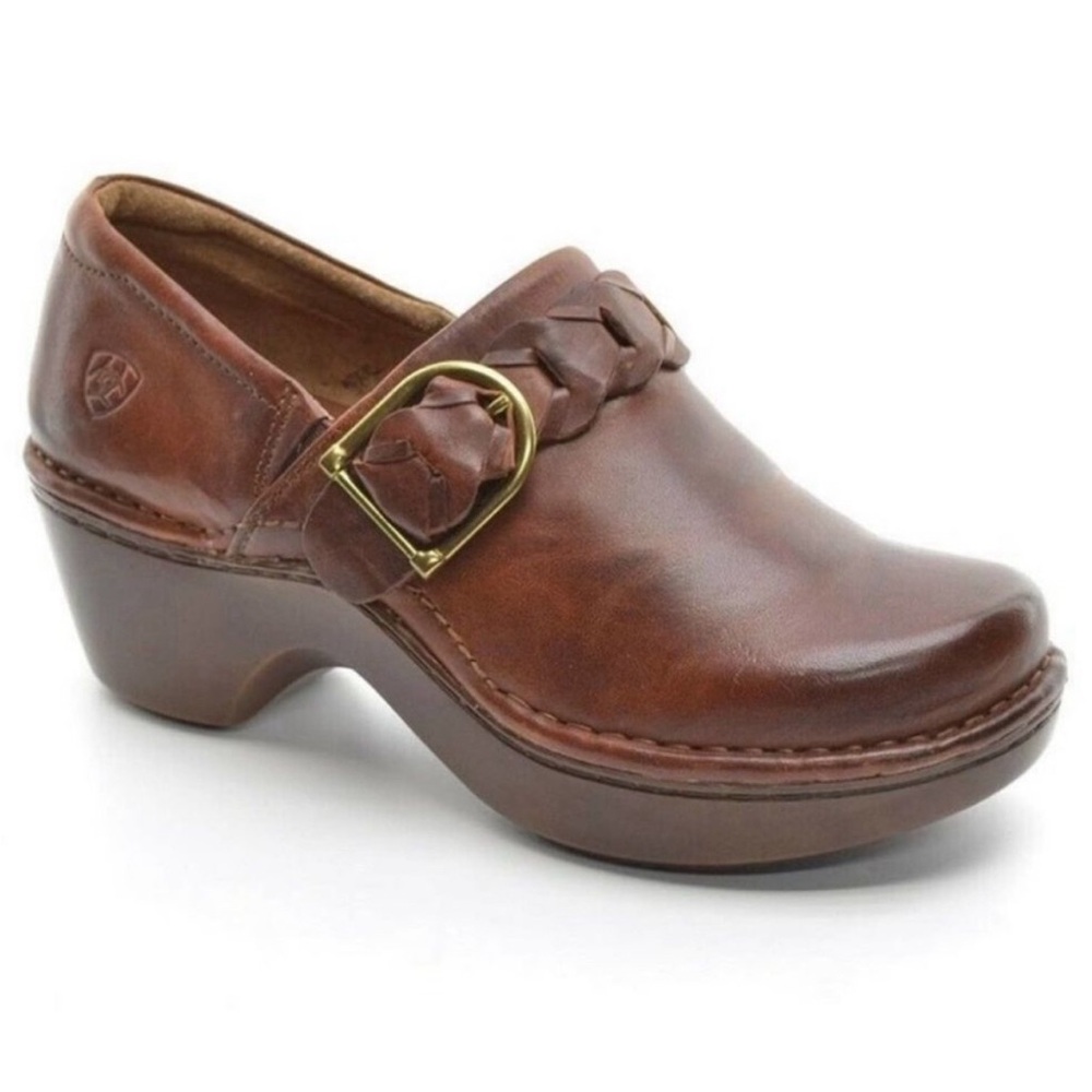 Ariat Amy leather clog shoes size 9 B woven braided strap w/ buckle detail brown